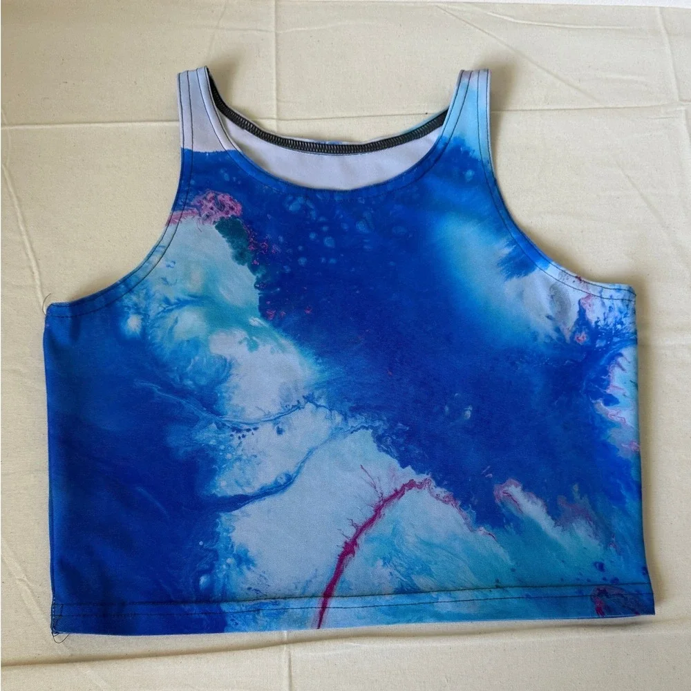 By Rachel Pierce Blue Fluid Art Activewear Set Crop Top Leggings Large
